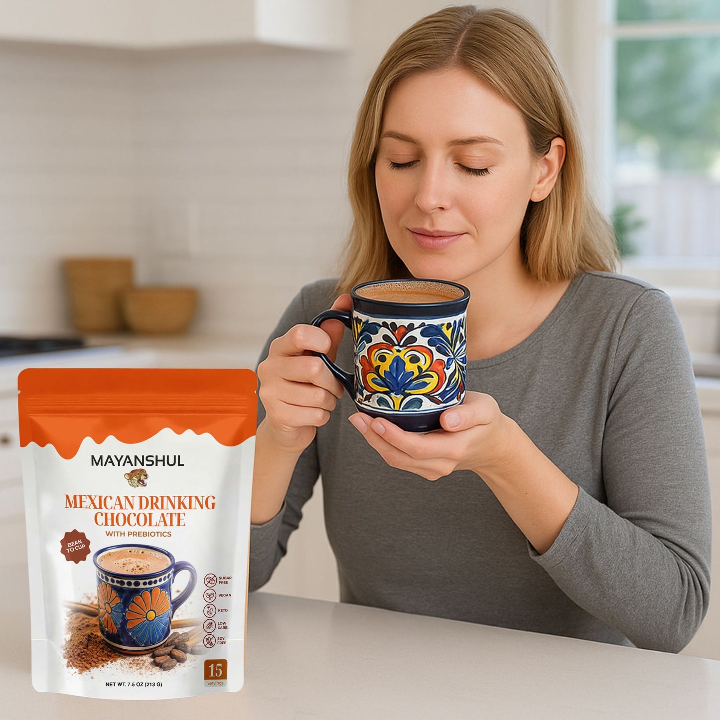Mexican Drinking Hot Chocolate – Healthy Cacao & Spices, with Prebiotic, Cane Sugar Free 15 Servings