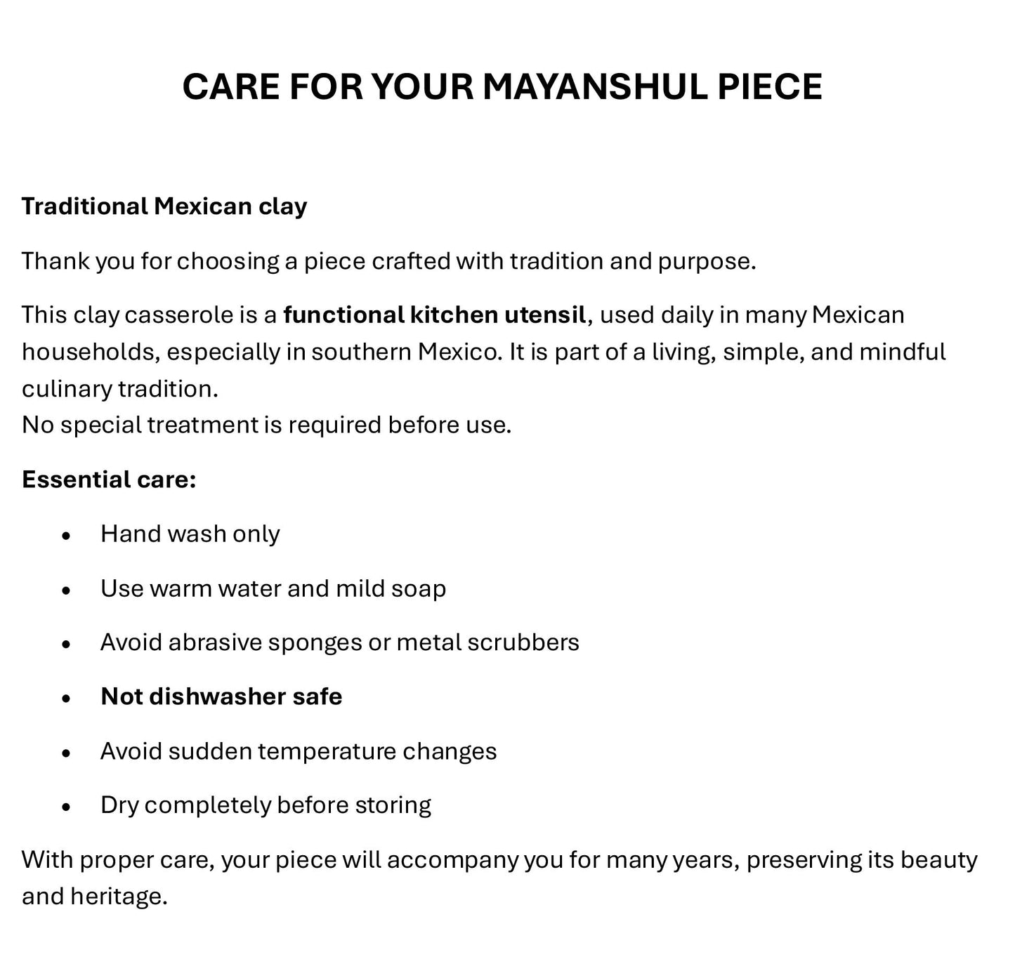 Care instructions for a traditional Mexican clay piece on a white background