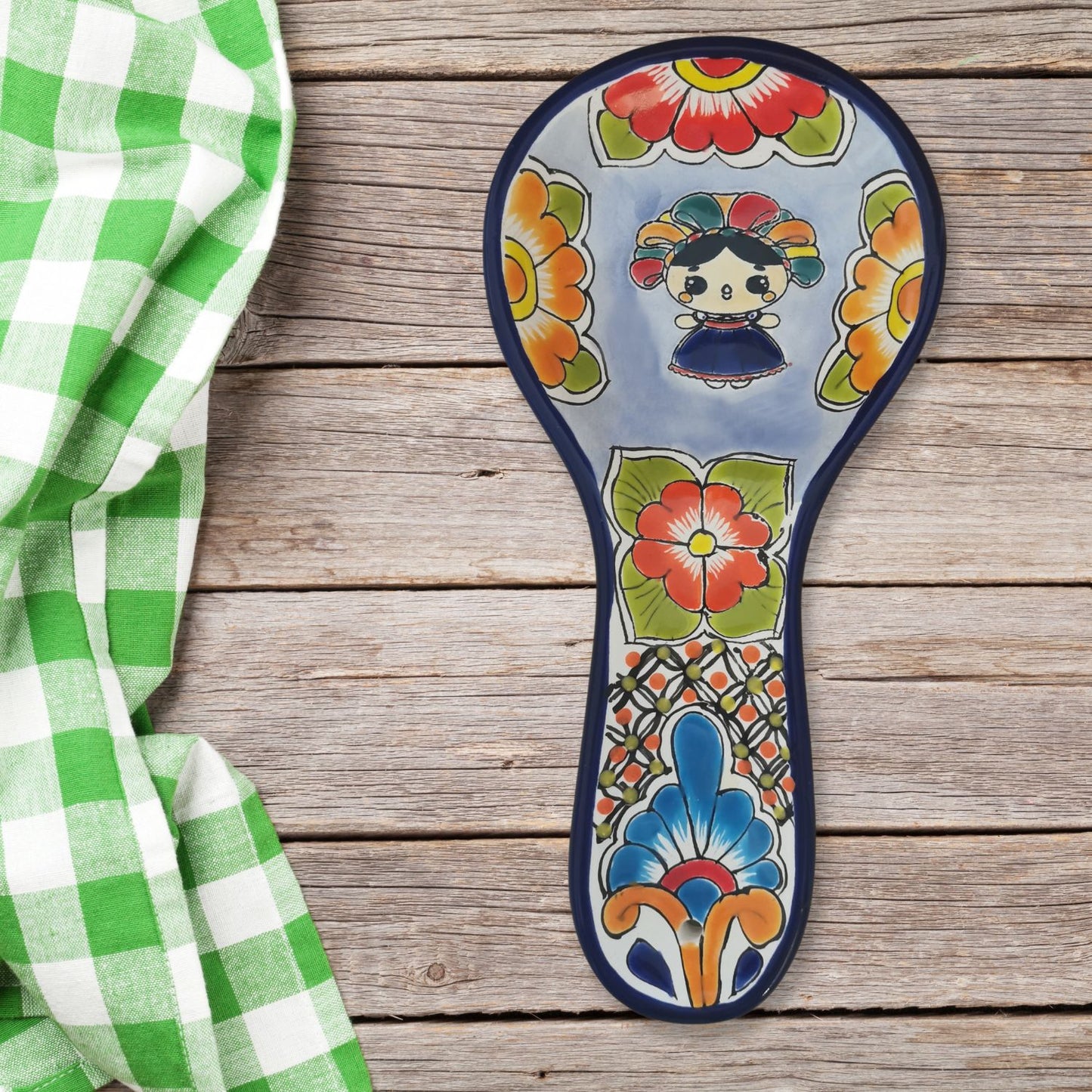 Lele Doll Talavera Ceramic Spoon Rest Hand-Painted, Blue Border Color Design