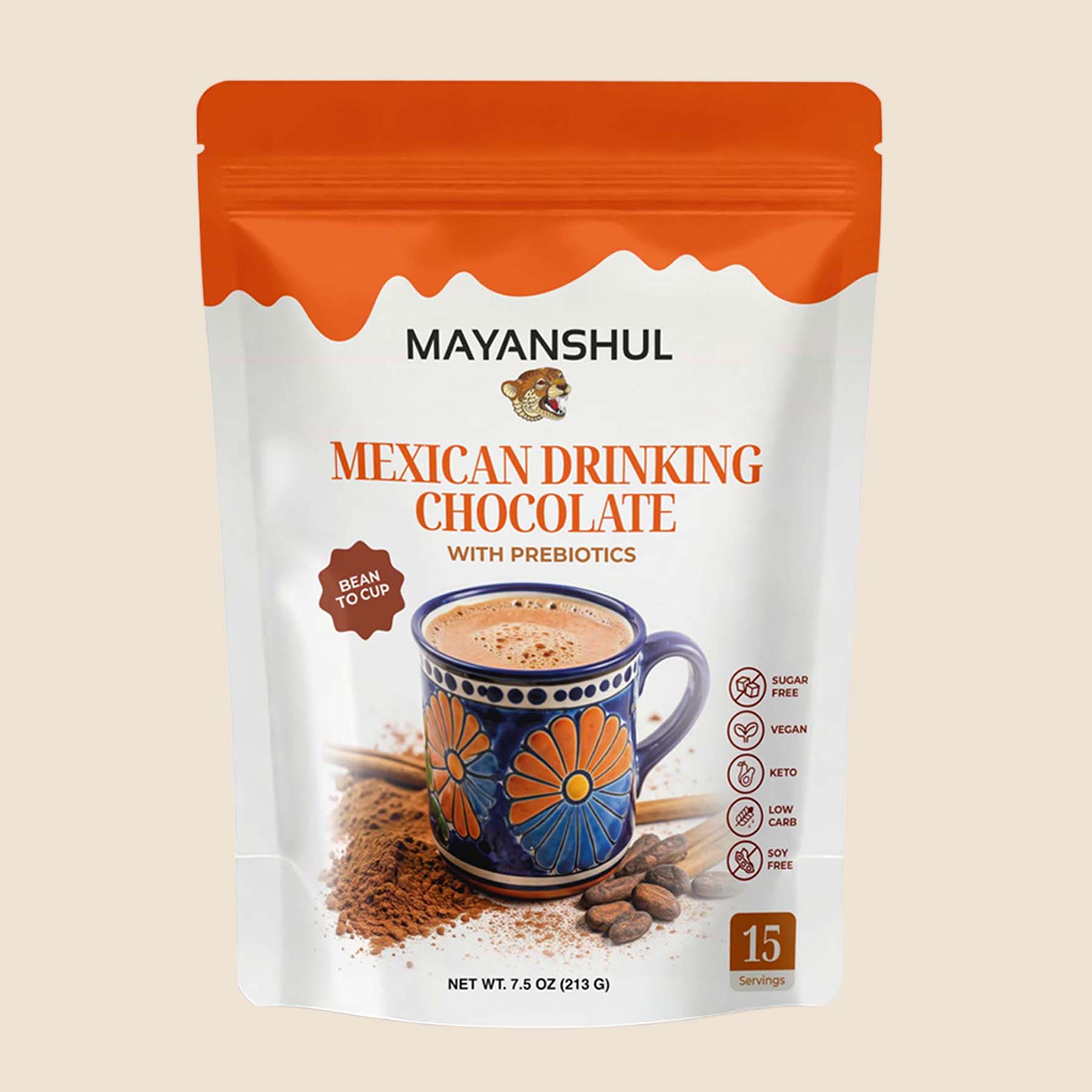 Mayanshul Mexican Drinking Chocolate package on a beige background