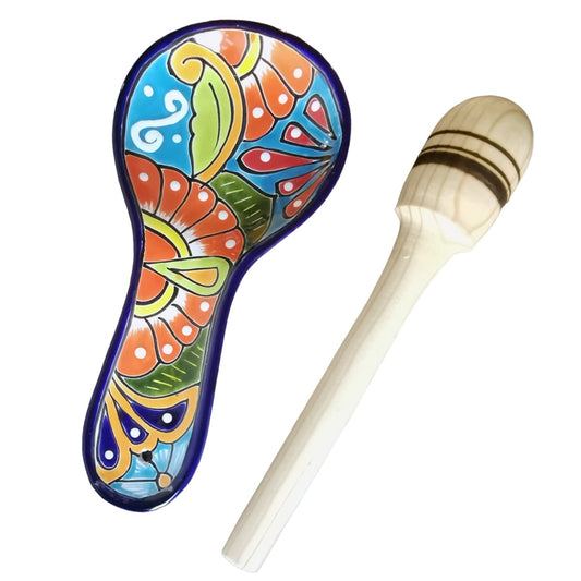 Colorful Mexican Talavera Spoon Rest Handmade & Hand Painted for Kitchen and Traditional Large wooden Spoon