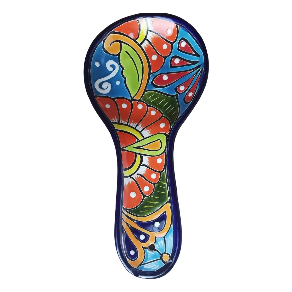 Colorful Mexican Talavera Spoon Rest Handmade & Hand Painted for Kitchen and Traditional Large wooden Spoon