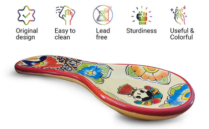 Lele Doll Talavera Ceramic Spoon Rest Hand-Painted, Red Border Color