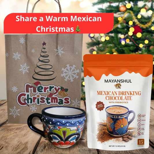 Limited Edition Christmas Bundle — Talavera Mug handpainted + Mexican Hot Chocolate with Prebiotic, Cane Sugar Free, 15 Servings