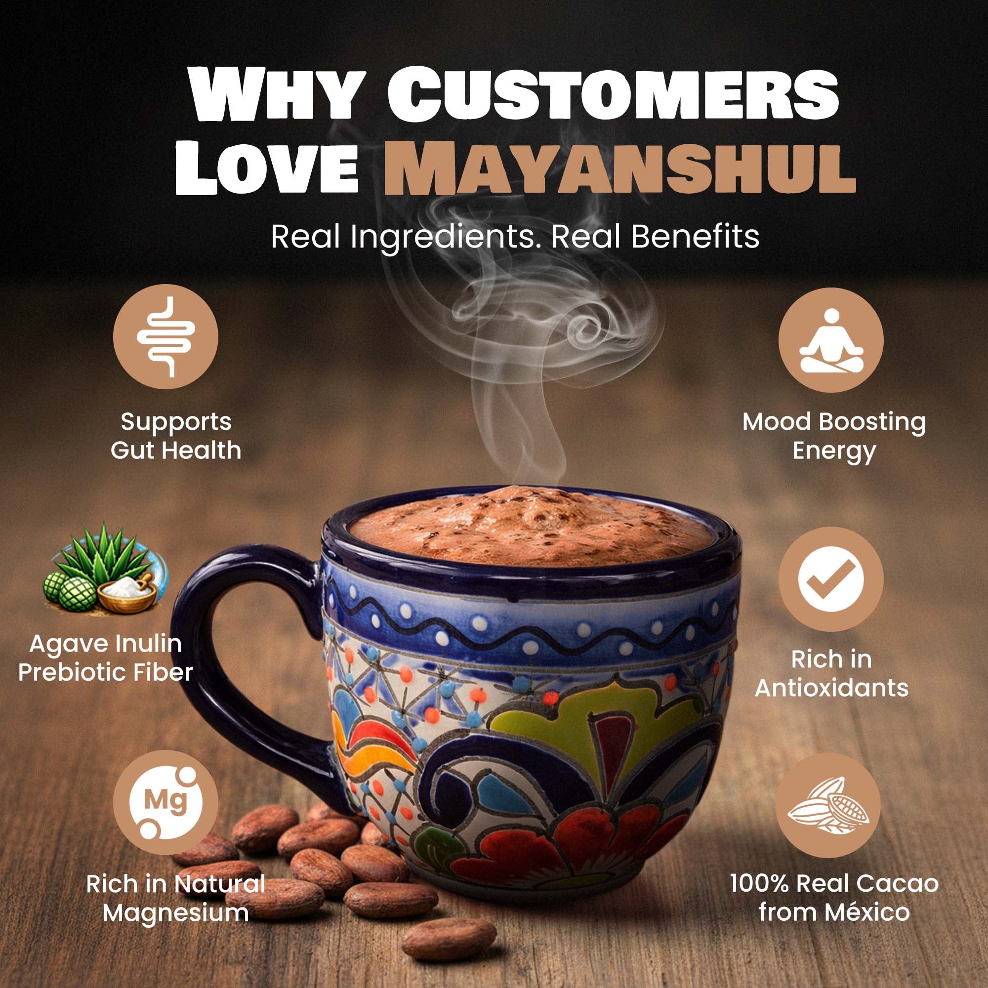 Decorative mug with steaming beverage on a wooden surface, surrounded by health benefits text and icons.