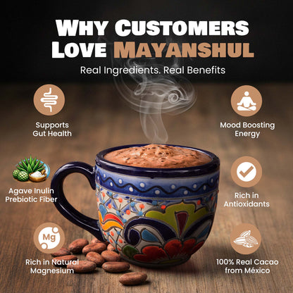 Decorative mug with steaming beverage on a wooden surface, surrounded by health benefits text and icons.
