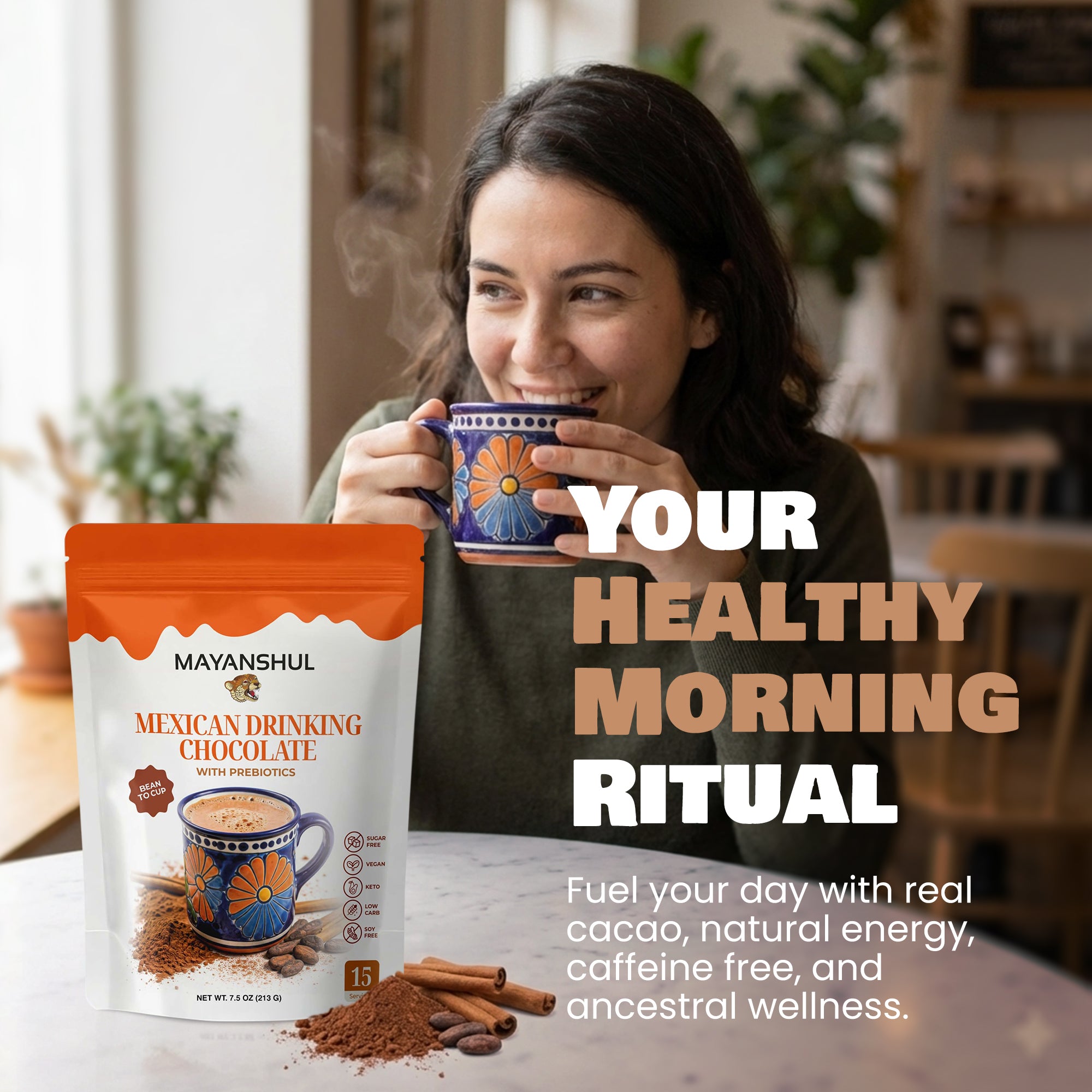 Woman enjoying a hot beverage with Mayanshul Mexican Drinking Chocolate packaging in the foreground.