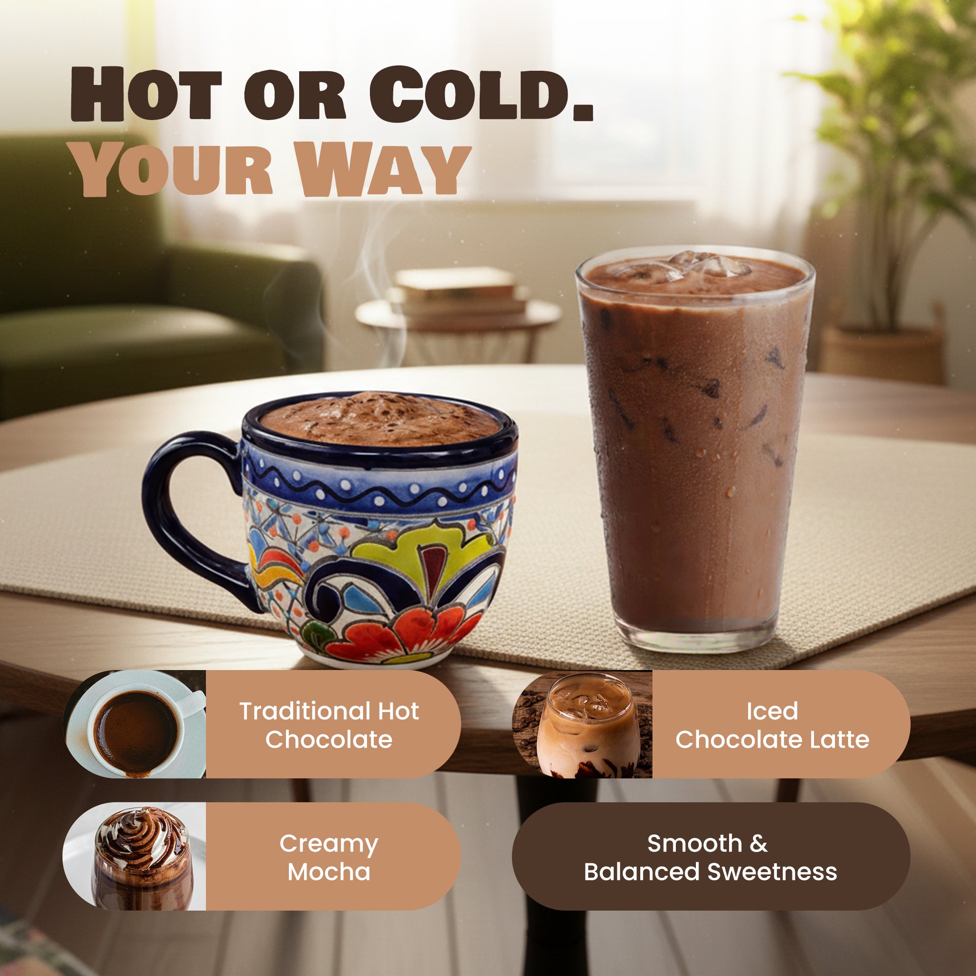 Two beverages, a colorful mug and a glass, on a table with text about hot or cold options.