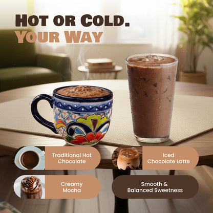 Two beverages, a colorful mug and a glass, on a table with text about hot or cold options.