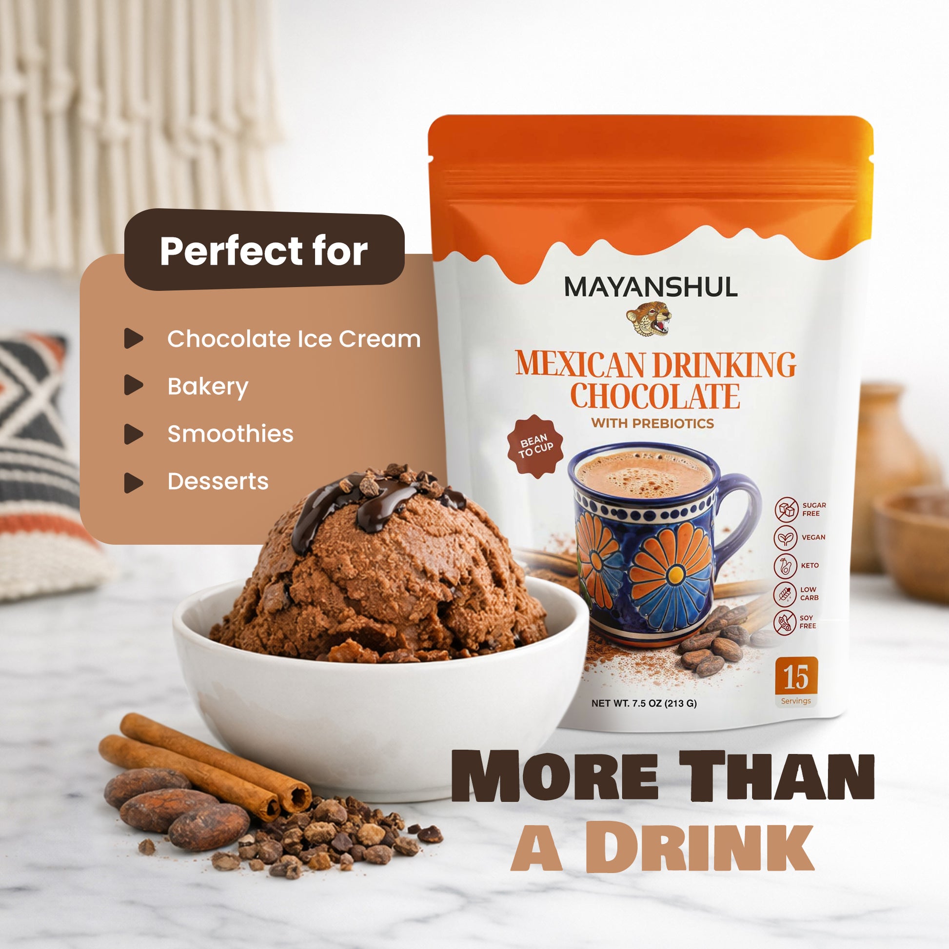 Mayanshul Mexican Drinking Chocolate package with a bowl of chocolate ice cream and ingredients on a marble surface.
