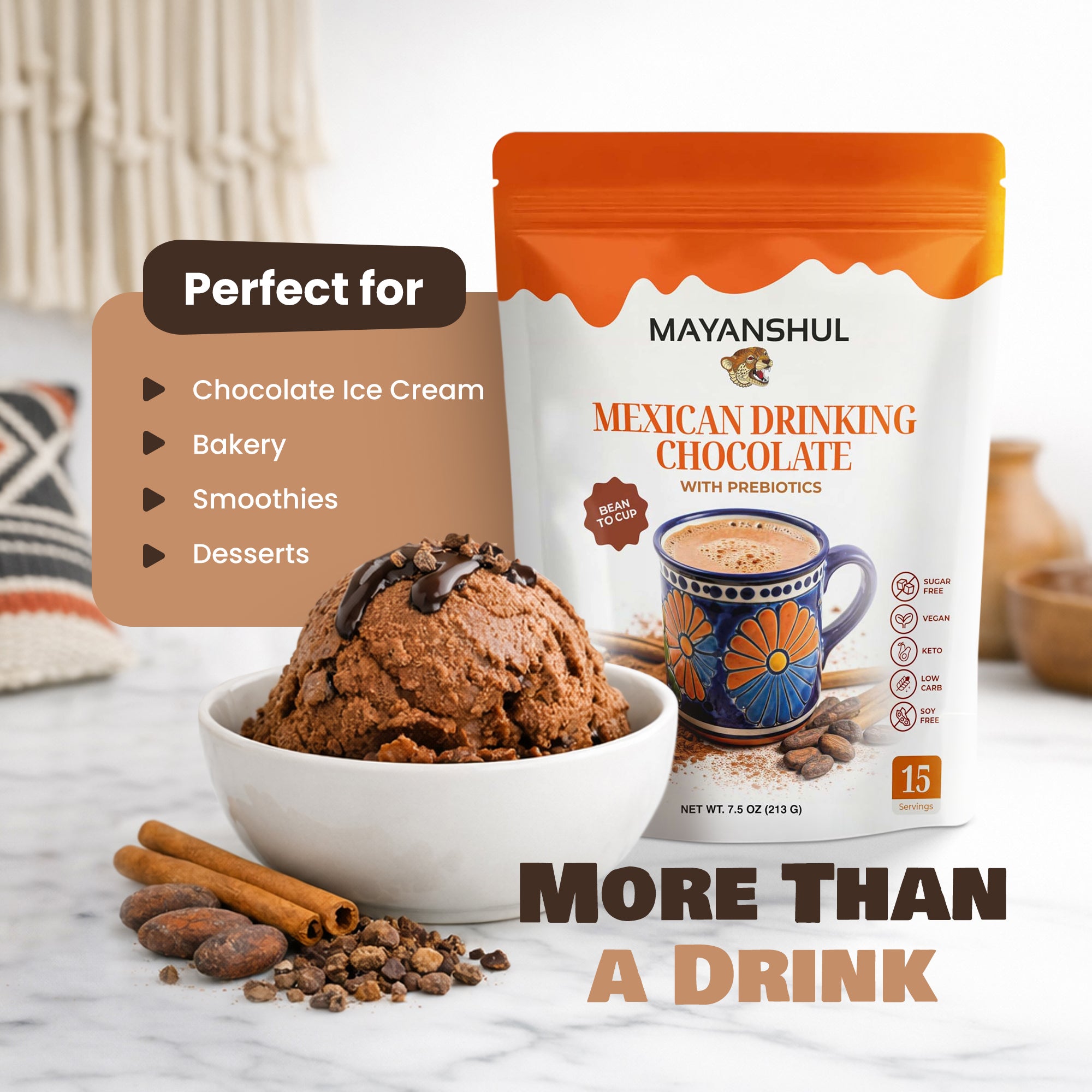 Mayanshul Mexican Drinking Chocolate package with a bowl of chocolate ice cream and ingredients on a marble surface.