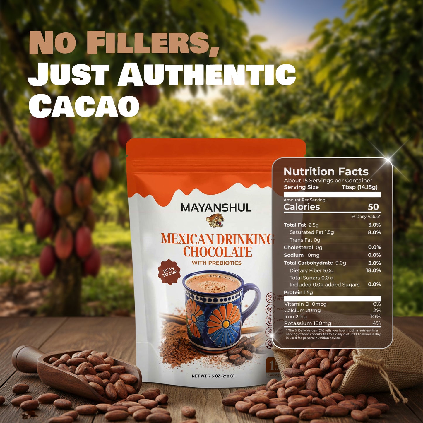 Mayanshul Mexican Drinking Chocolate package with cacao beans and a nutrition facts label, set against a natural background.