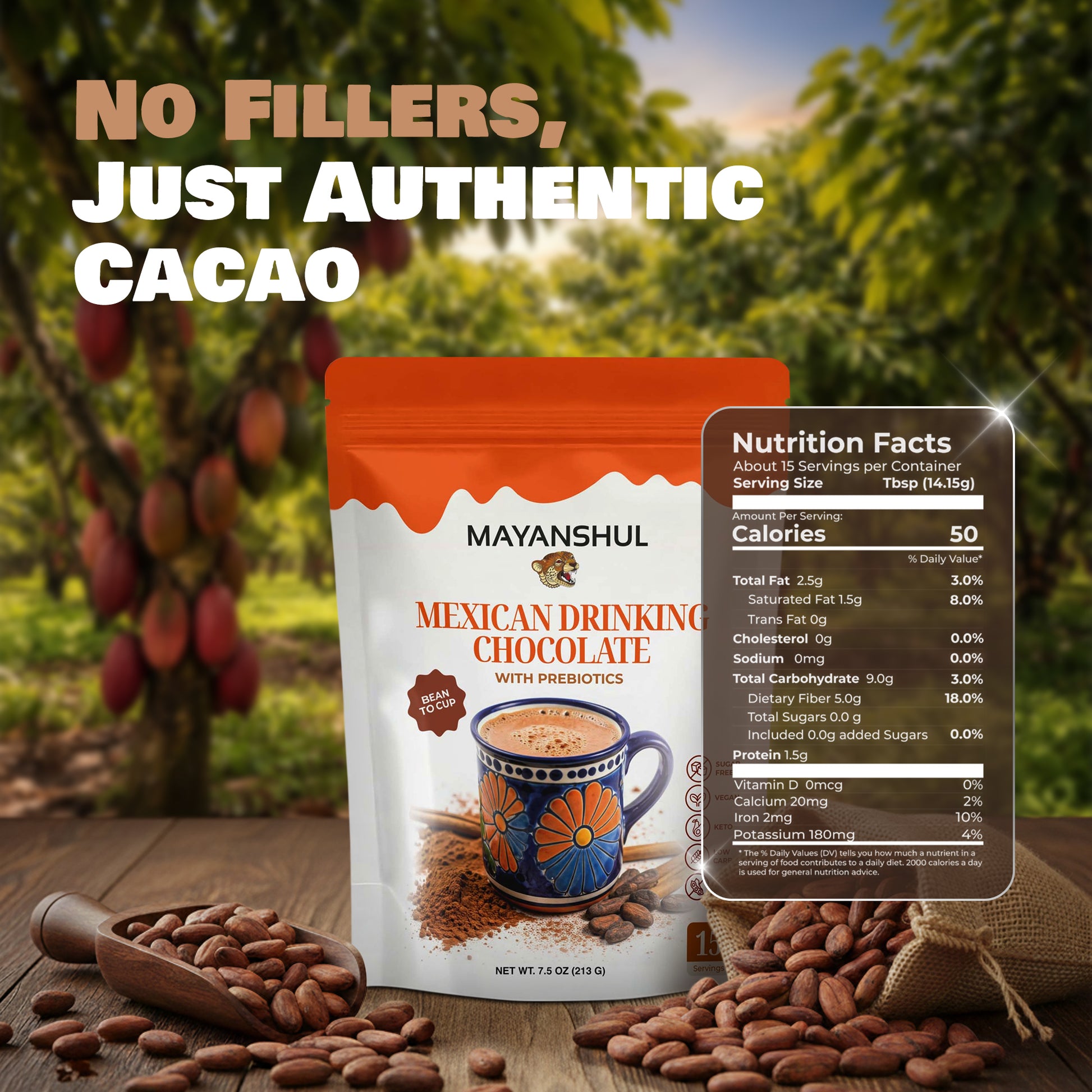Mayanshul Mexican Drinking Chocolate package with cacao beans and a nutrition facts label, set against a natural background.