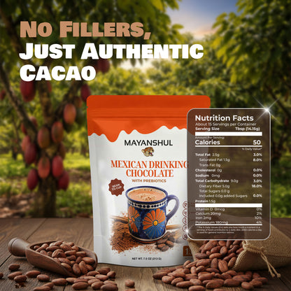 Mayanshul Mexican Drinking Chocolate package with cacao beans and a nutrition facts label, set against a natural background.