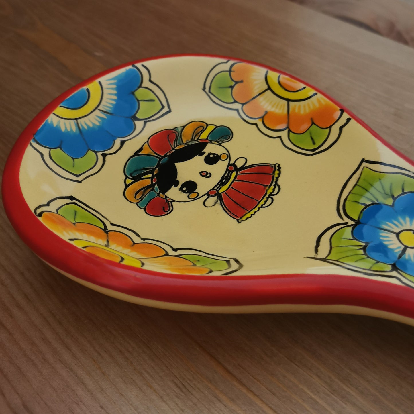 Lele Doll Talavera Ceramic Spoon Rest Hand-Painted, Red Border Color