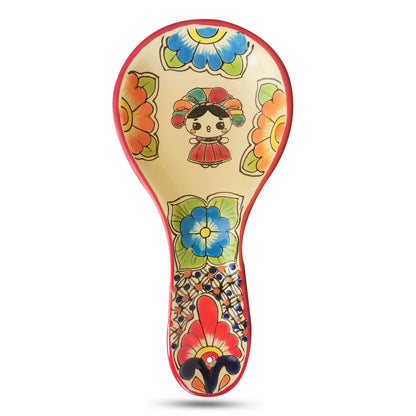 Lele Doll Talavera Ceramic Spoon Rest Hand-Painted, Red Border Color