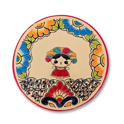 Round Talavera Ceramic Trivet, Red Lele Doll on Flowers Patterns Design, 8 inches