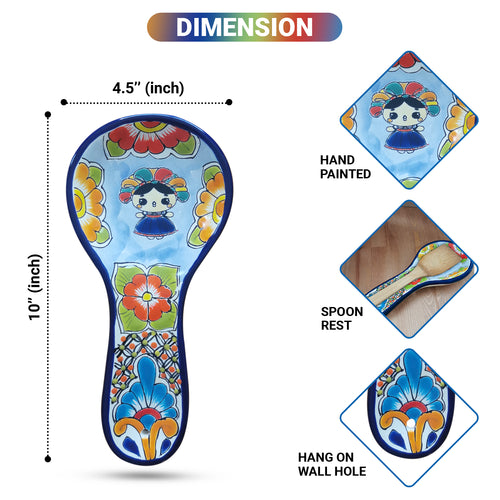 Lele Doll Talavera Ceramic Spoon Rest Hand-Painted, Blue Border Color Design