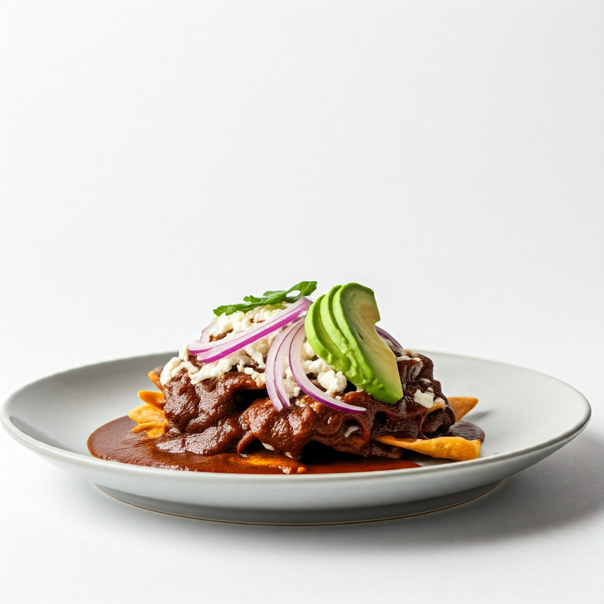 Plated dish with meat, tortilla chips, avocado, and onions on a white background