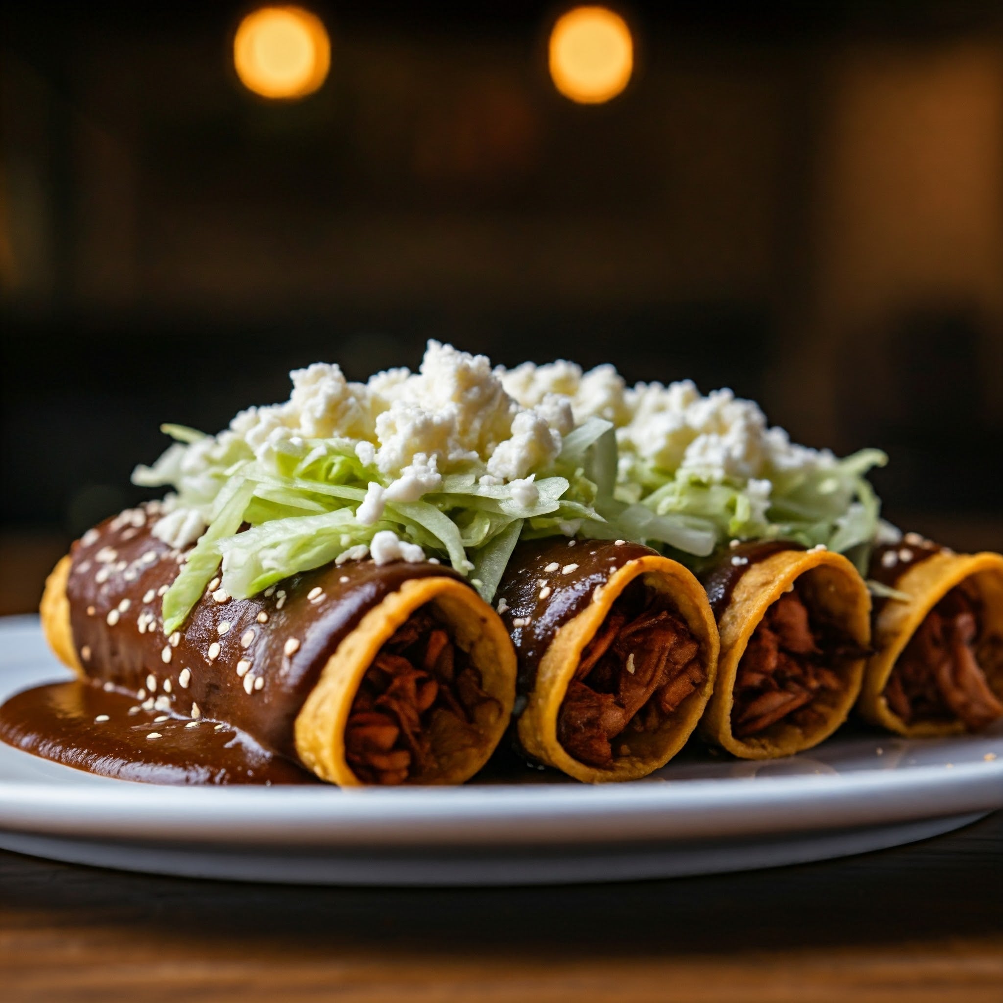 Three enchiladas with cheese and lettuce on a plate with a blurred background