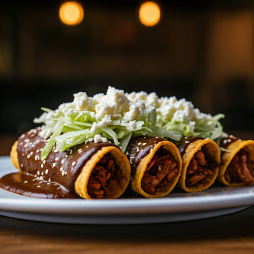 Three enchiladas with cheese and lettuce on a plate with a blurred background