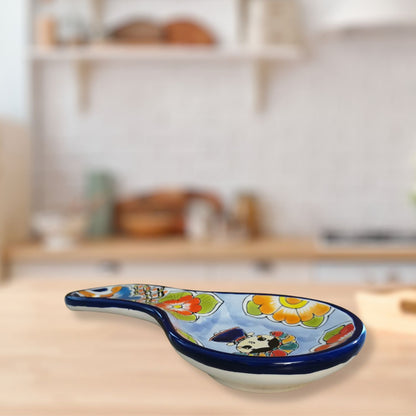 Lele Doll Talavera Ceramic Spoon Rest Hand-Painted, Blue Border Color Design