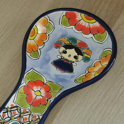 Lele Doll Talavera Ceramic Spoon Rest Hand-Painted, Blue Border Color Design