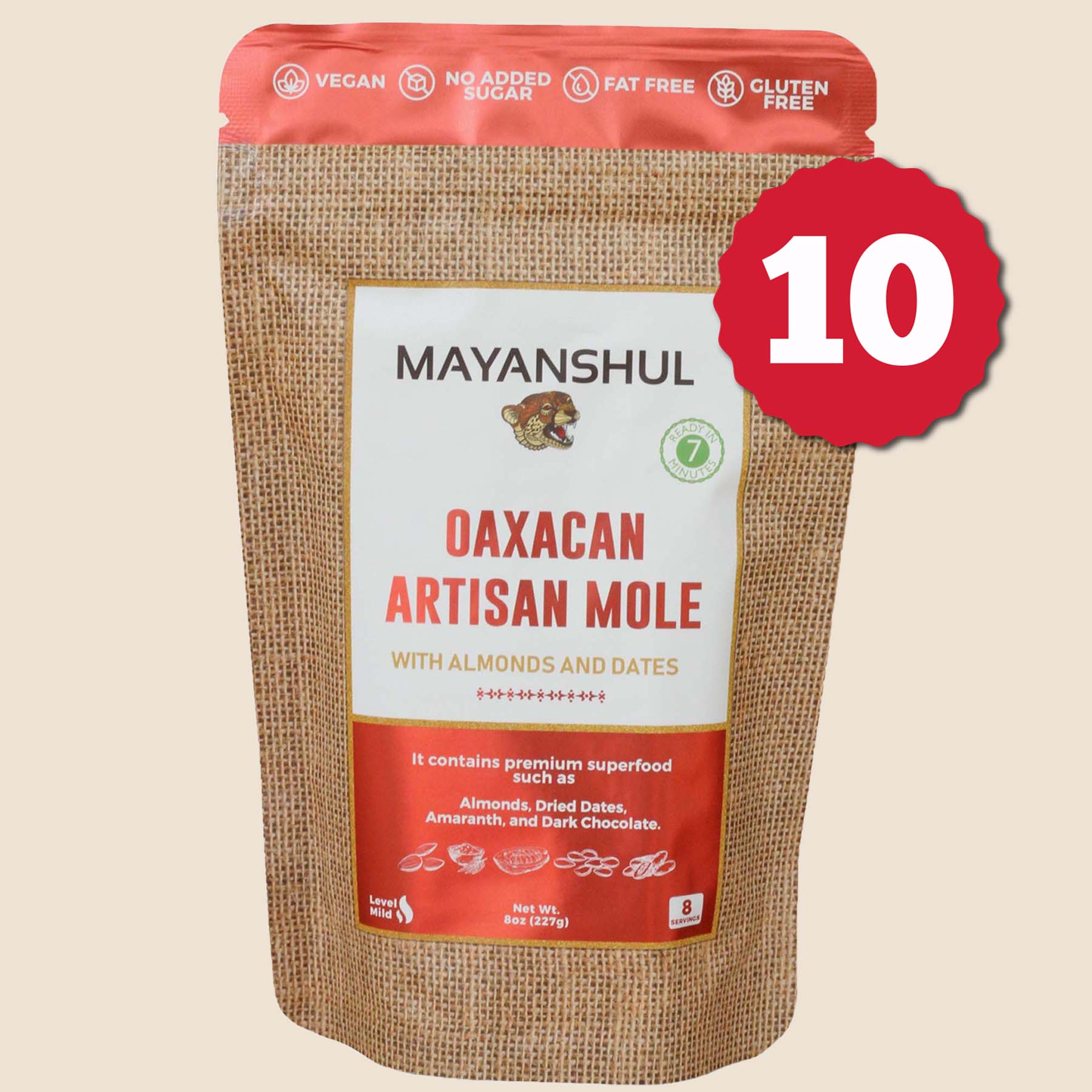 A package of Mayanshul Oaxacan Artisan Mole with almonds and dates, labeled vegan, gluten-free, and fat-free.