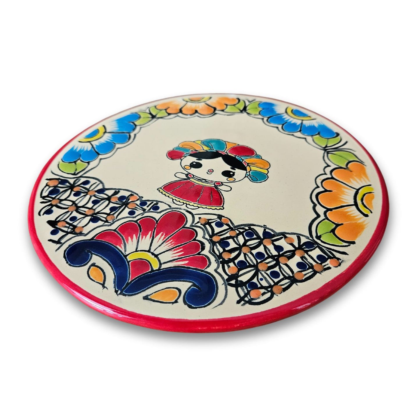 Round Talavera Ceramic Trivet, Red Lele Doll on Flowers Patterns Design, 8 inches