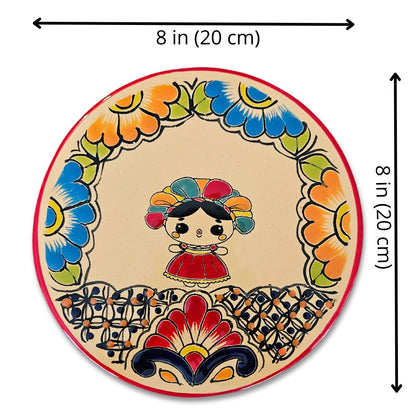 Round Talavera Ceramic Trivet, Red Lele Doll on Flowers Patterns Design, 8 inches