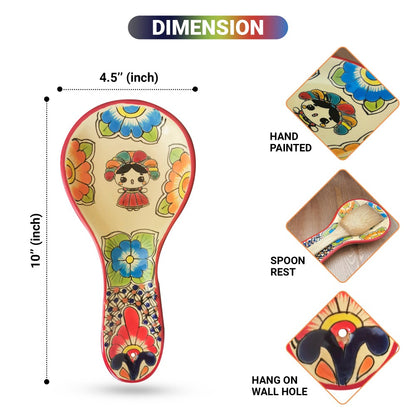 Lele Doll Talavera Ceramic Spoon Rest Hand-Painted, Red Border Color